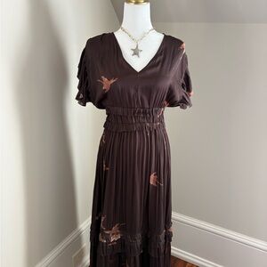 Chic Dark Brown Maxi Dress with Bird Print